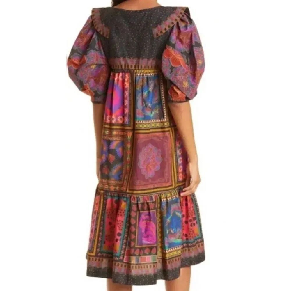 Farm Rio Mixed Scarves Patchwork Frill Layered Dress NWT Size Small - Picture 2 of 8